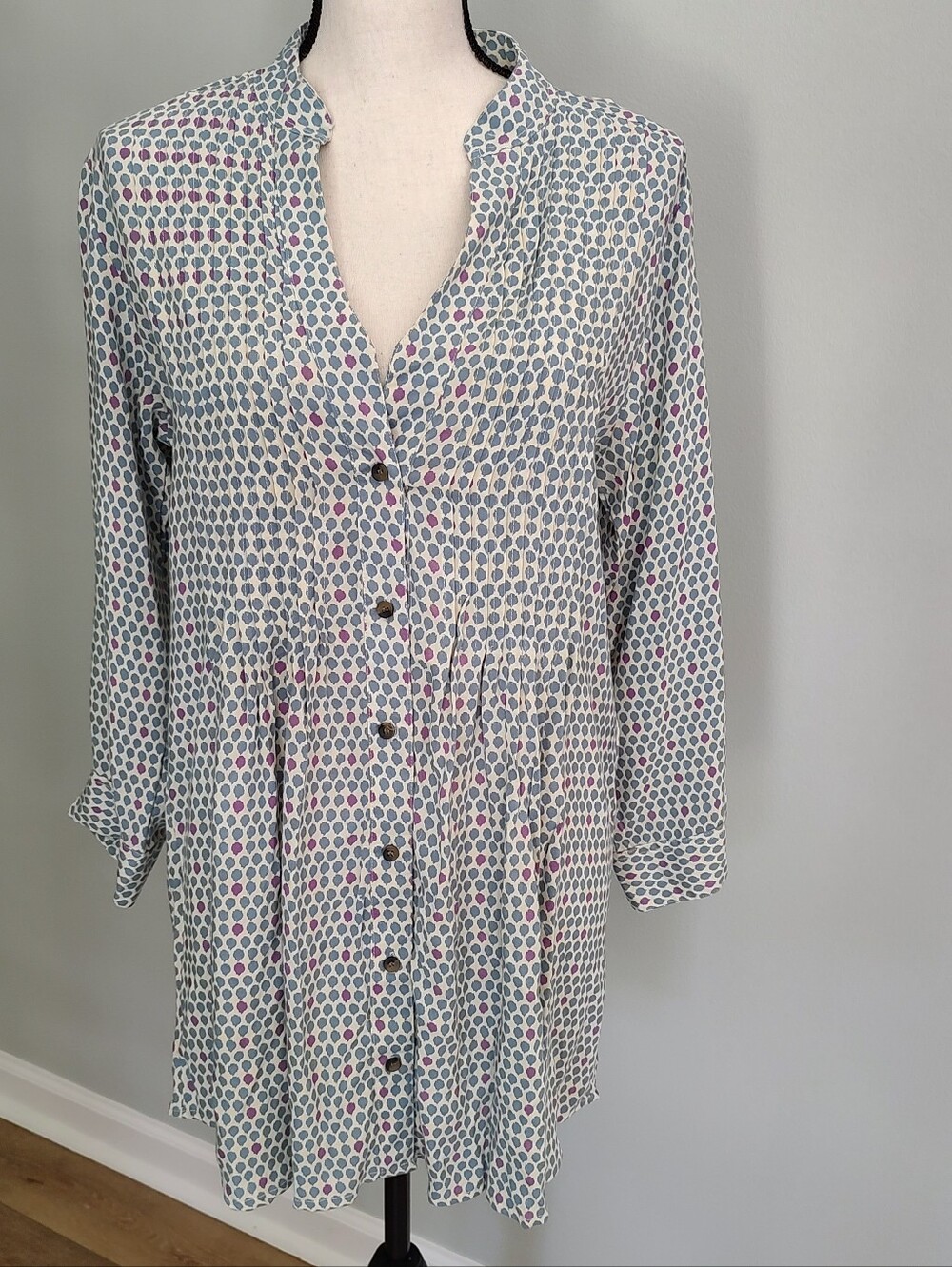 NWT Rockflowerpaper Cream Pintuck Tunic With Blue Dots Cottagecore Coastal M